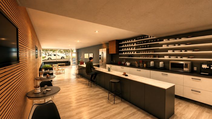 Render de la cafetería, espacio común del edificio