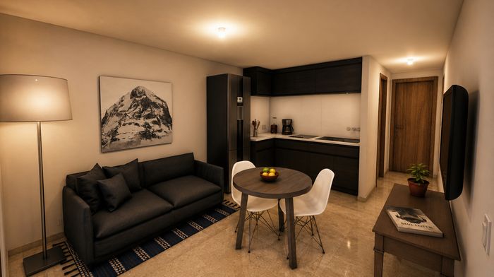 Render de interior de una unidad de 2 ambientes