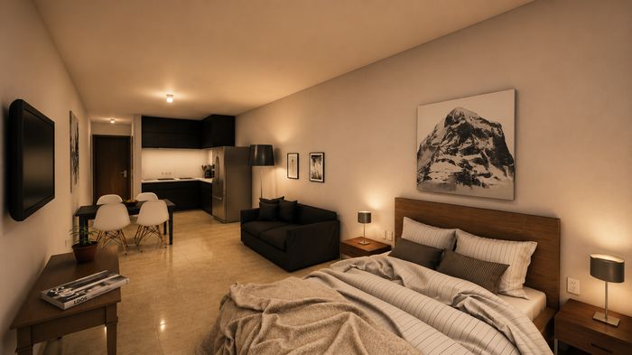 Render de interior de un monoambiente, otra vista